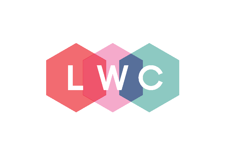 Graphic - the Light Work Collective logo - 3 initials on overlapping hexagons in red, pink and mint green.