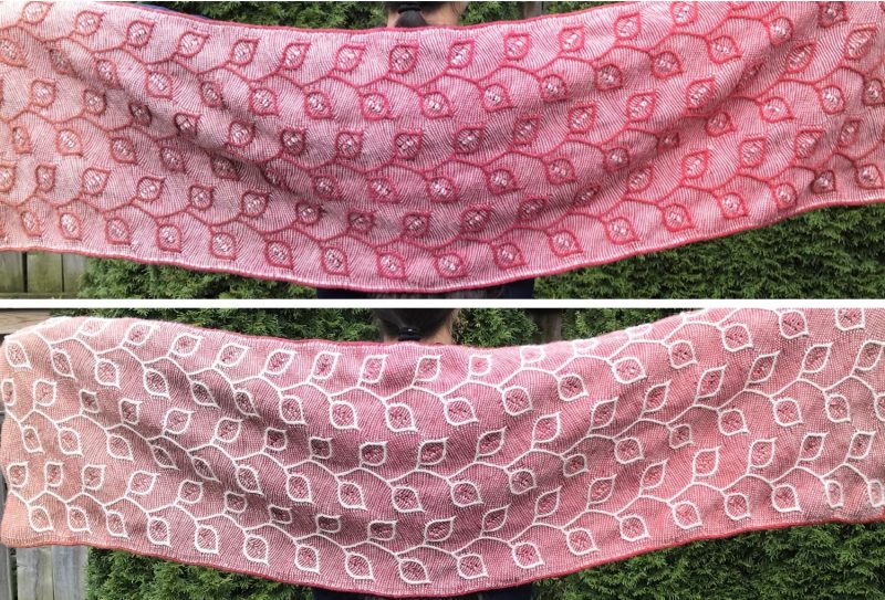 Collage photos showing two sides of a reversible knitted shawl with a leaf design.